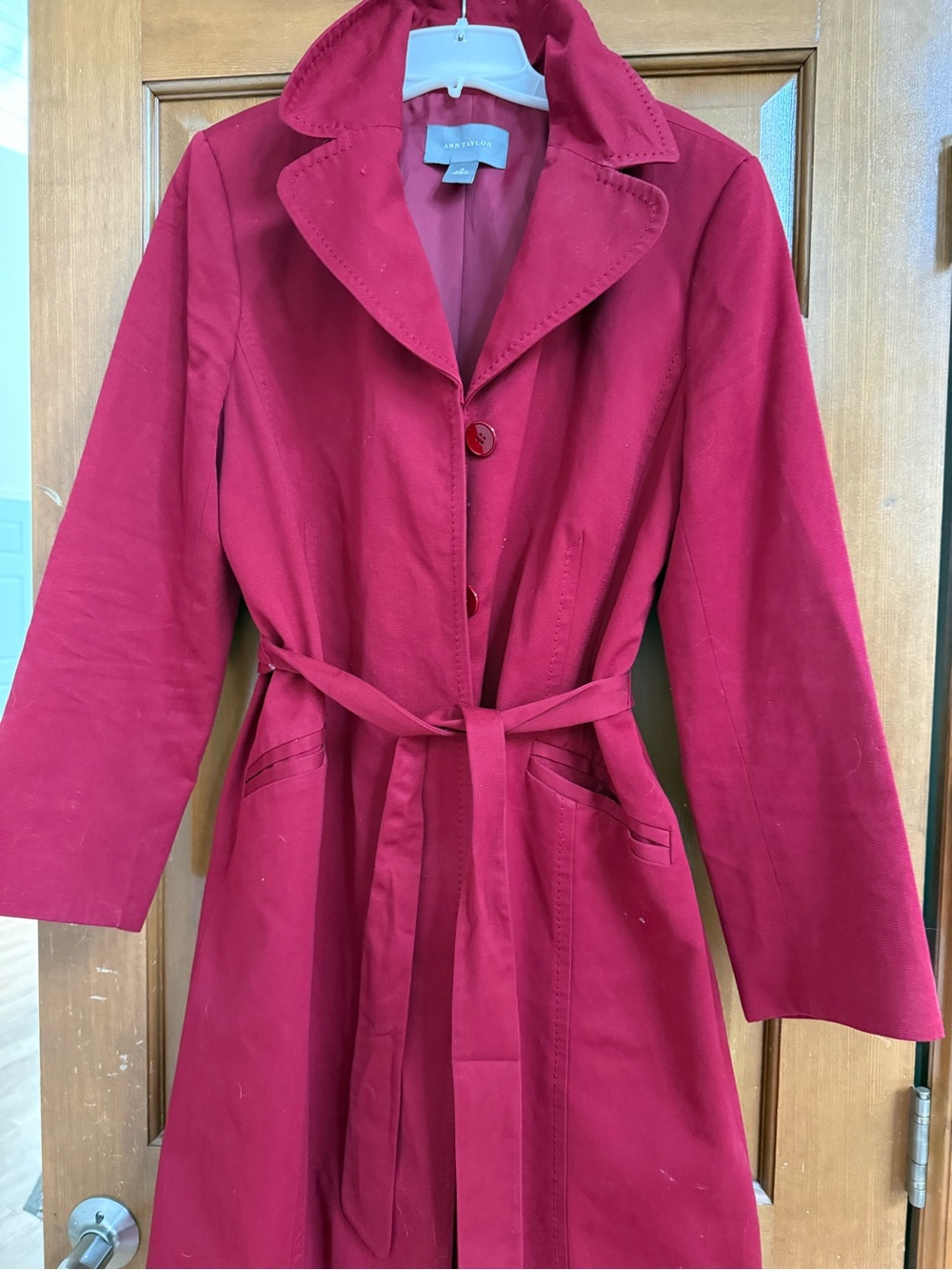 Ann Taylor Deep Red Trench Coat with Waist Tie